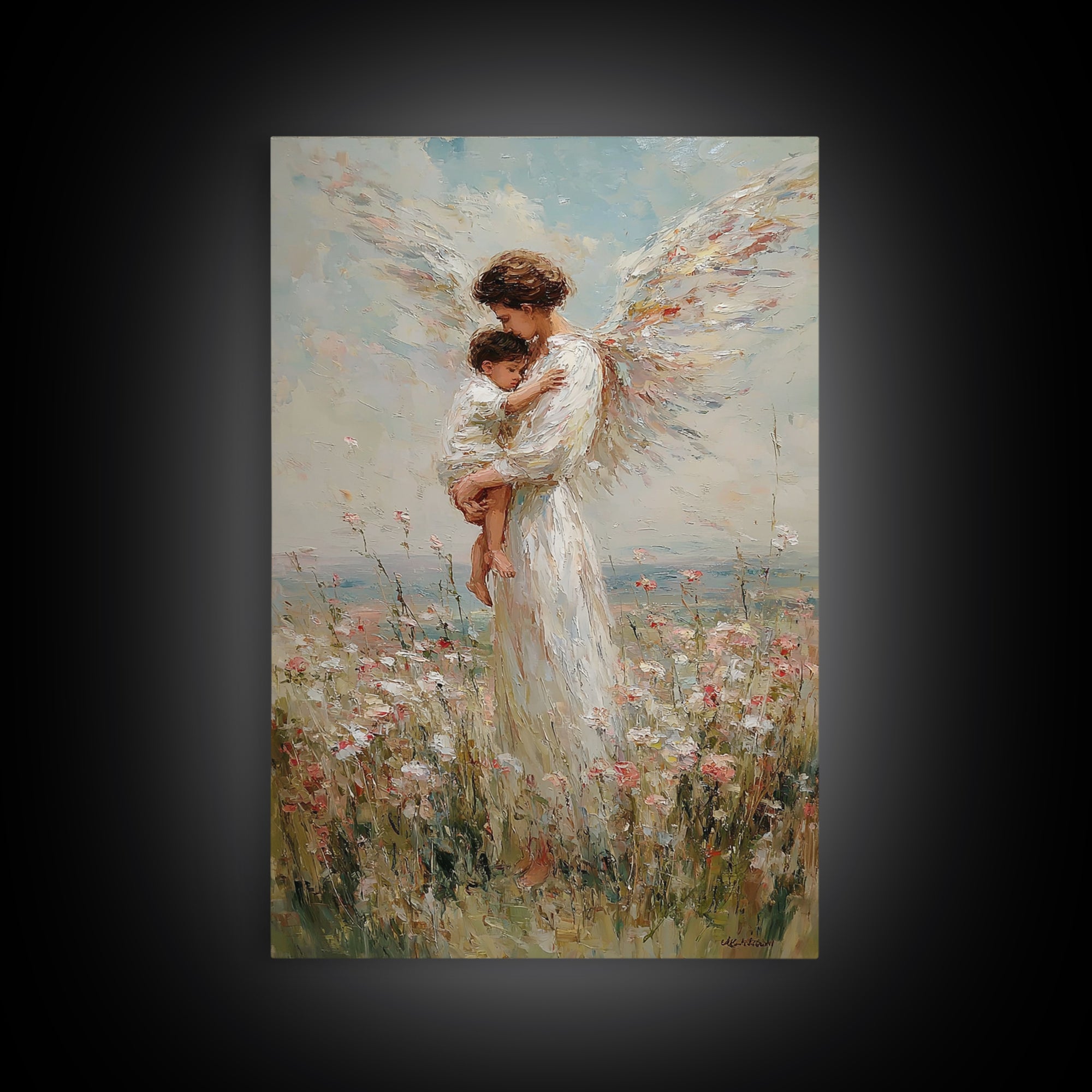Tender Angel Carrying Child Framed Canvas Print, Christian Wall Art, Nursery Room Decor, Guardian Angel Gift For Baby Girl