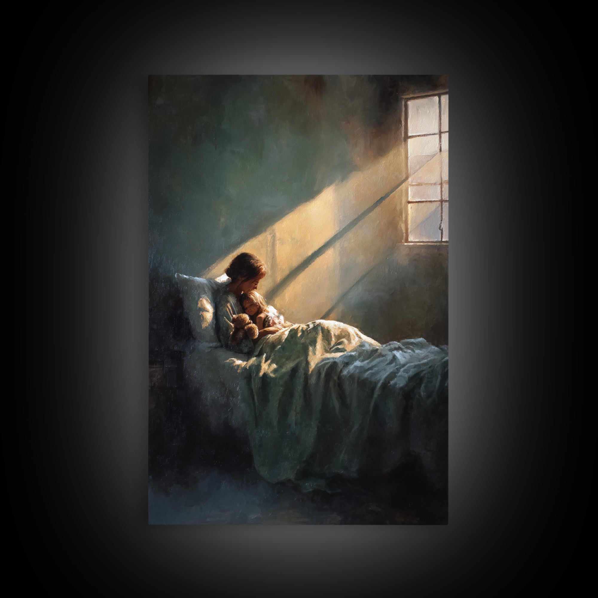 Sunlit Child With Teddy In Bed Wall Art, Bedroom Decor, Nursery Art Print, Sweet Dreams Poster, Cozy Guest Room Decor Gift