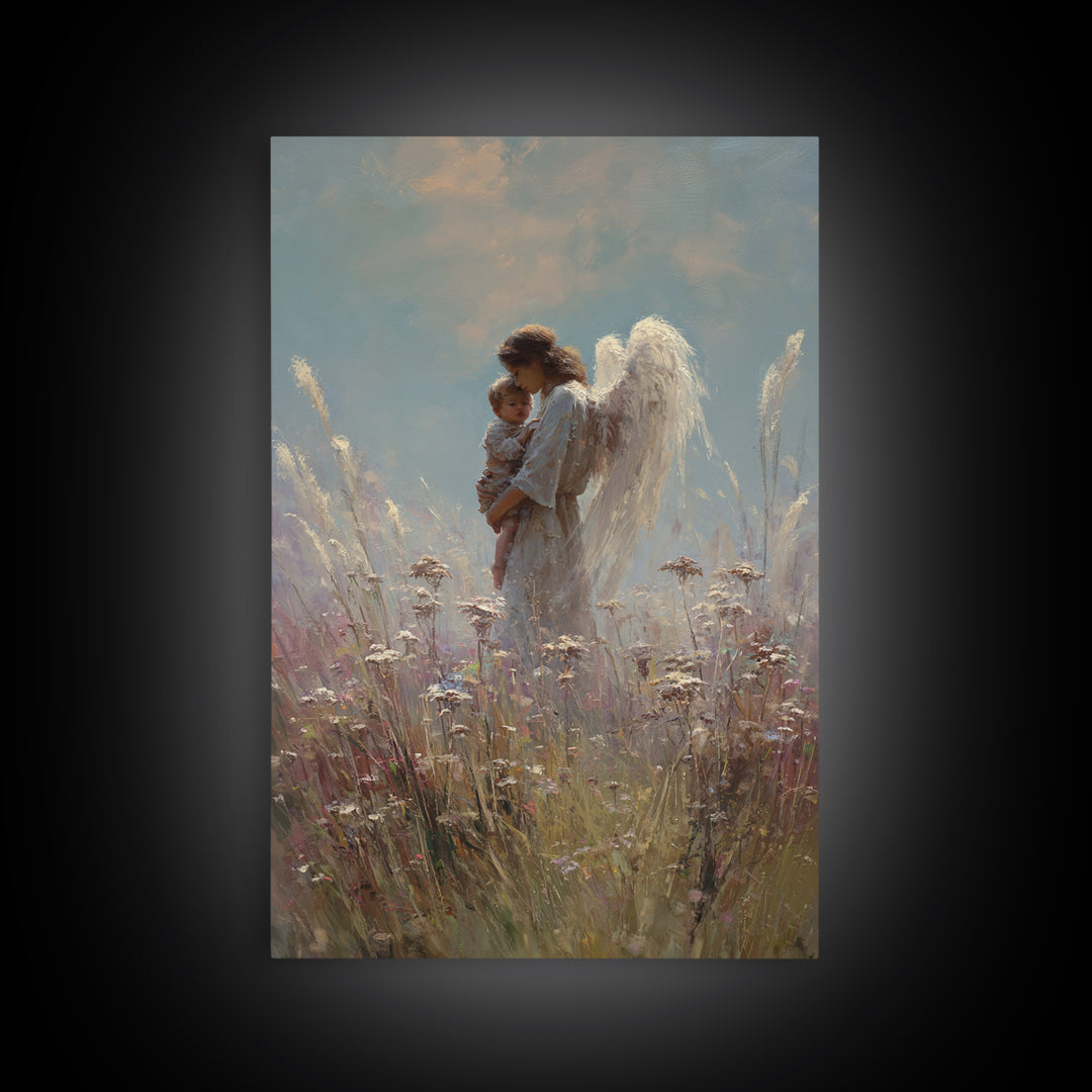 Soft Meadow Angel Holding Baby Canvas Print, Christian Wall Art, Nursery Decor, Guardian Angel Gift, Calming Wall Decor Print