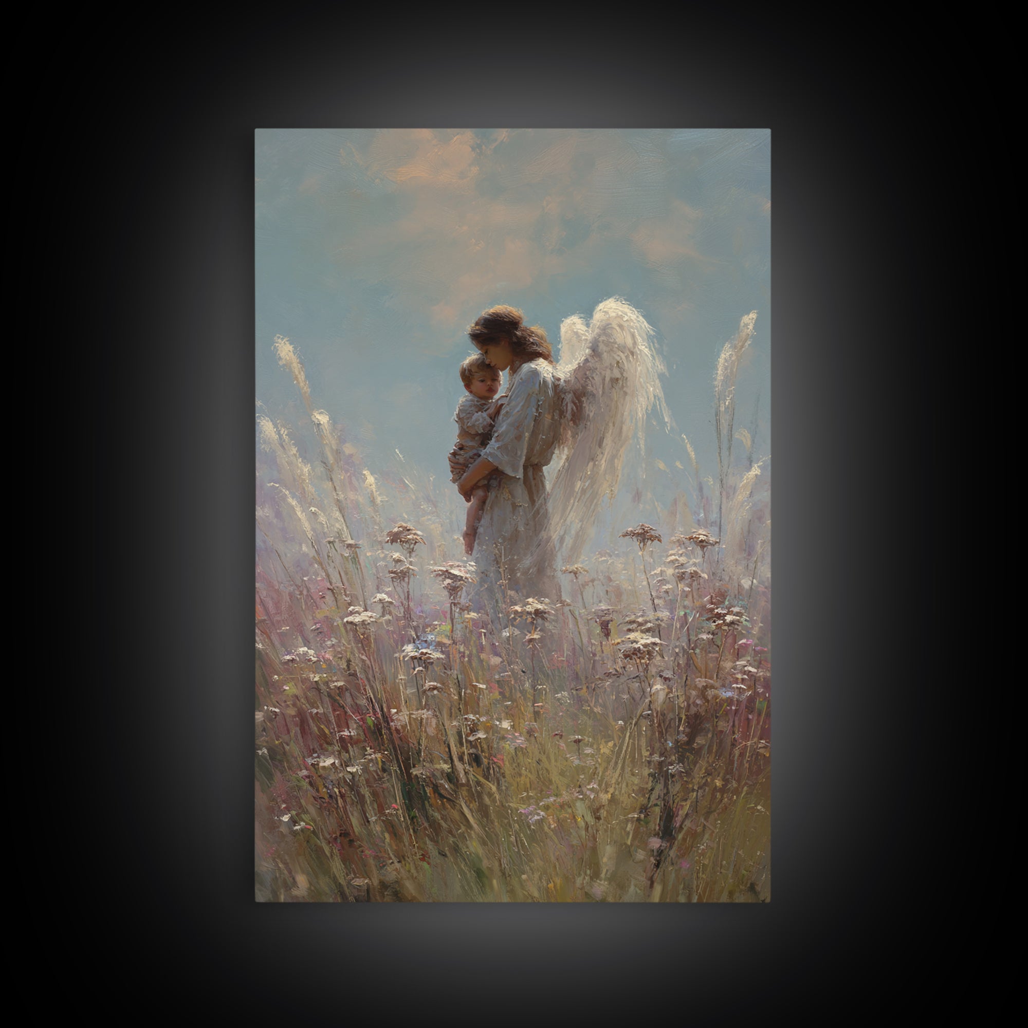 Soft Meadow Angel Holding Baby Canvas Print, Christian Wall Art, Nursery Decor, Guardian Angel Gift, Calming Wall Decor Print