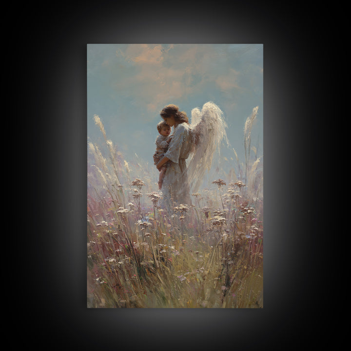 Soft Meadow Angel Holding Baby Canvas Print, Christian Wall Art, Nursery Decor, Guardian Angel Gift, Calming Wall Decor Print