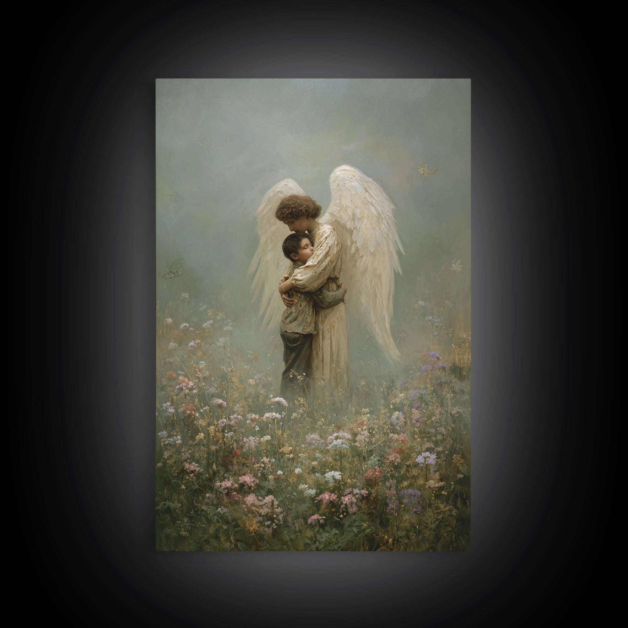 Misty Guardian Angel Hugging Child Framed Canvas Print, Christian Wall Art, Spiritual Nursery Decor, Butterfly Meadow Art