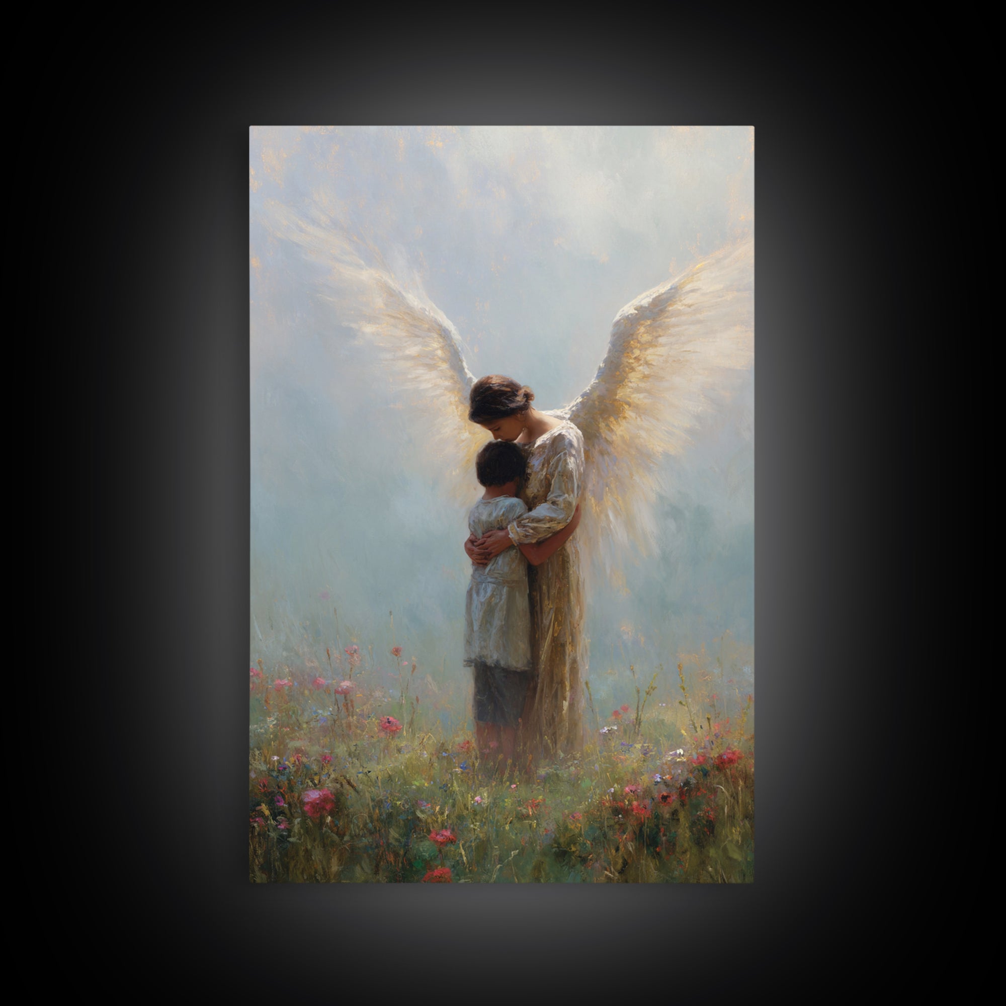 Guardian Angel Embracing Child In Wildflower Meadow Wall Art, Christian Nursery Decor, Spiritual Canvas Print Gift For Her