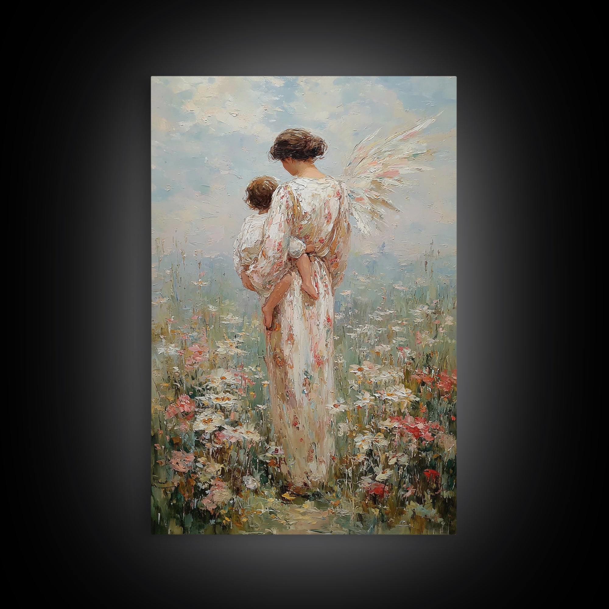 Angel Mother Holding Child In Blooming Meadow Framed Canvas Print, Christian Wall Art, Nursery Decor, Housewarming Gift