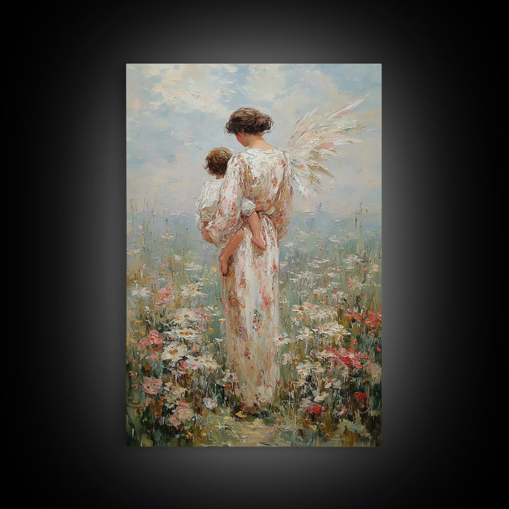 Angel Mother Holding Child In Blooming Meadow Framed Canvas Print, Christian Wall Art, Nursery Decor, Housewarming Gift