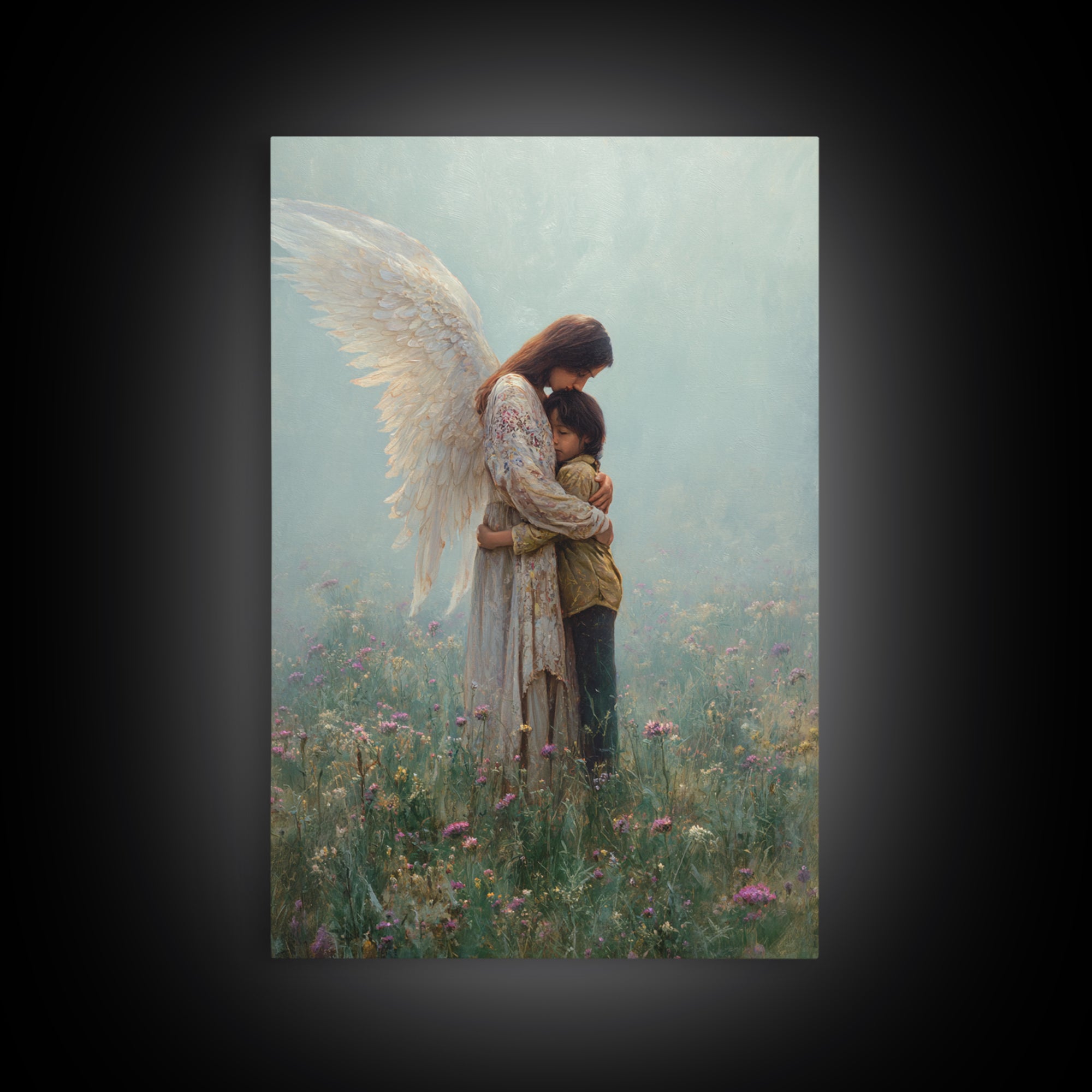 Guardian Angel Hugging Child In Misty Meadow Wall Art, Spiritual Christian Decor, Nursery Canvas Print, Housewarming Gift
