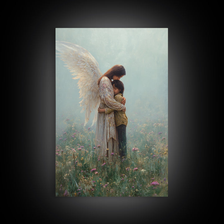 Guardian Angel Hugging Child In Misty Meadow Wall Art, Spiritual Christian Decor, Nursery Canvas Print, Housewarming Gift