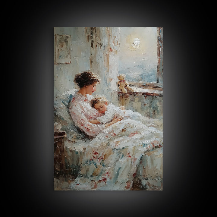Mother Cradling Sleeping Child By Moonlit Window Framed Canvas Print, Bedroom Wall Art, Nursery Decor, Gift For Mom, Cozy Wall Art