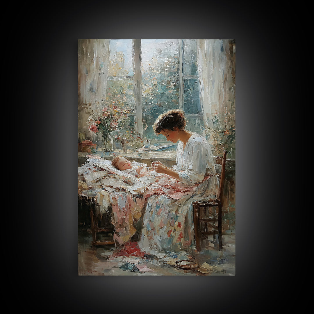 Mother Stitching By Baby Cradle, Bright Window Wall Art, Impressionist Oil Painting Print, Nursery Decor, Gift For Mom, Home Decor