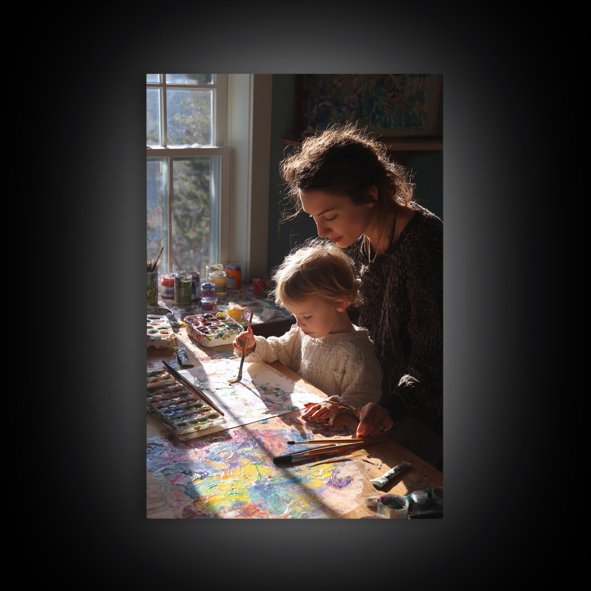 Mother And Toddler Painting Together, Sunlit Studio Wall Art, Modern Home Decor, Art Print, Gift For Mom, Kids Room Decor