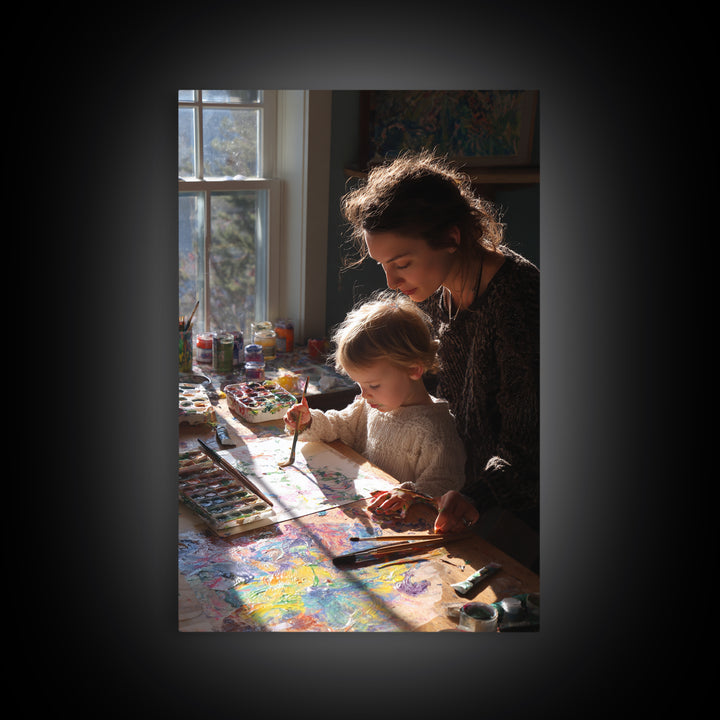 Mother And Toddler Painting Together, Sunlit Studio Wall Art, Modern Home Decor, Art Print, Gift For Mom, Kids Room Decor