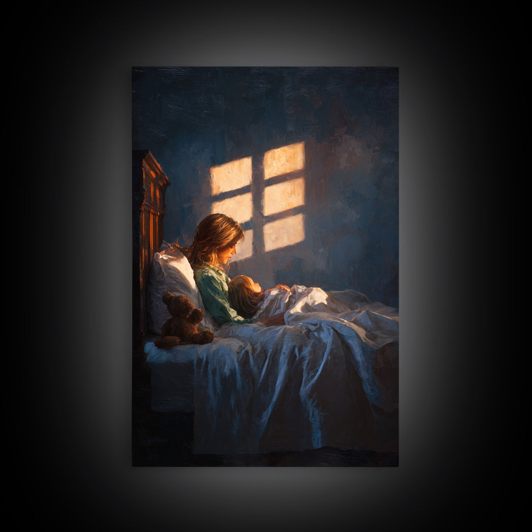 Mother Reading To Child In Bed, Warm Window Light Wall Art, Moody Bedroom Decor, Nursery Art Print, Gift For Mom, Cozy Home Decor