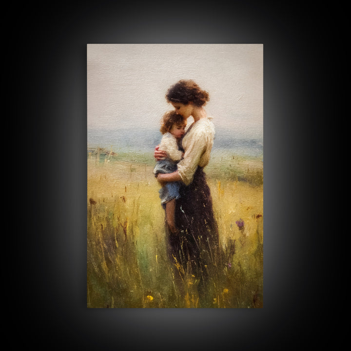 Tender Mother Holding Child In Golden Meadow Canvas Print, Soft Impressionist Oil Painting, Neutral Nursery Wall Art Gift