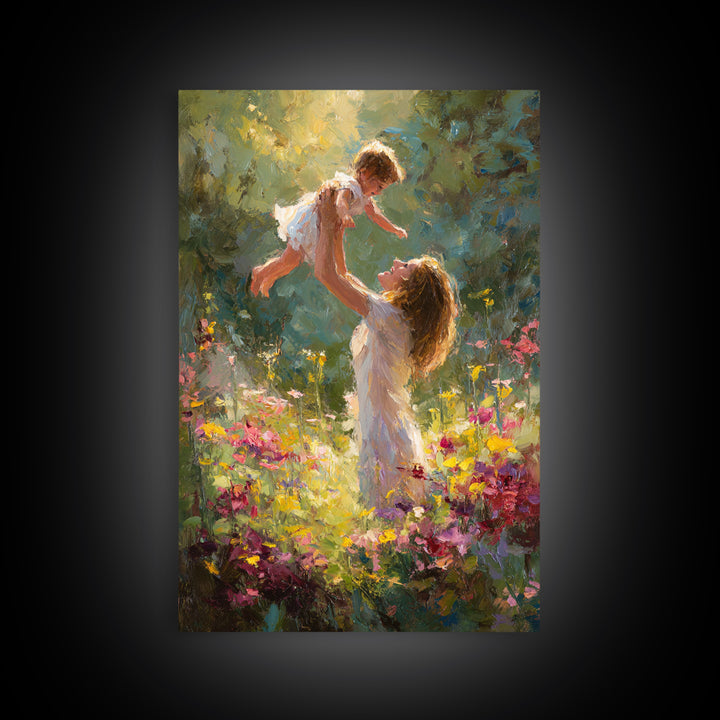 Sunlit Mother And Baby In Flower Garden Canvas Print, Impressionist Oil Painting, Colorful Nursery Wall Art Gift For Mom