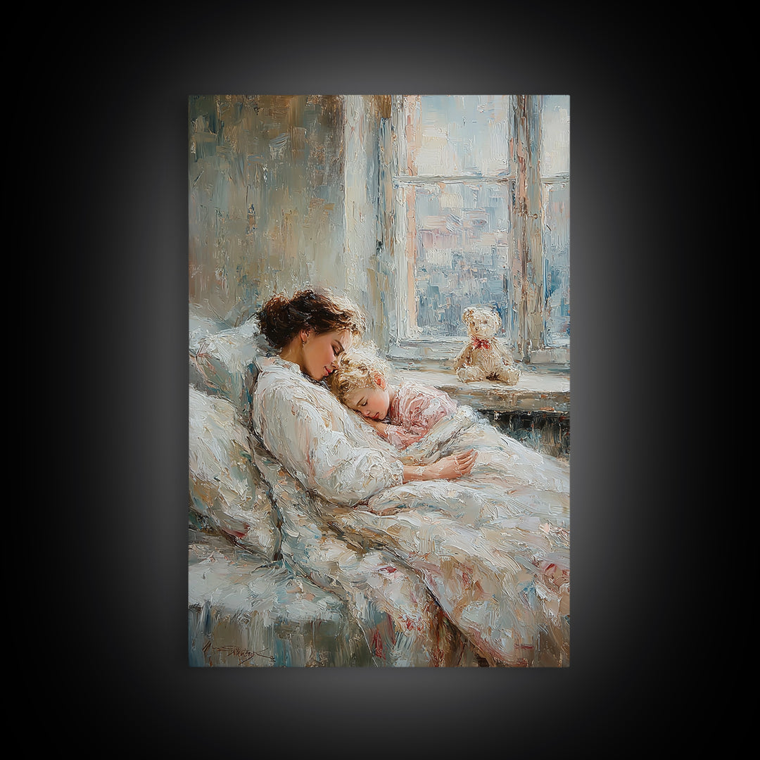Tender Mother And Child Sleeping By Window Wall Art, Soft Nursery Decor, Mothers Day Gift, Bedroom Art Print, New Mom Gift