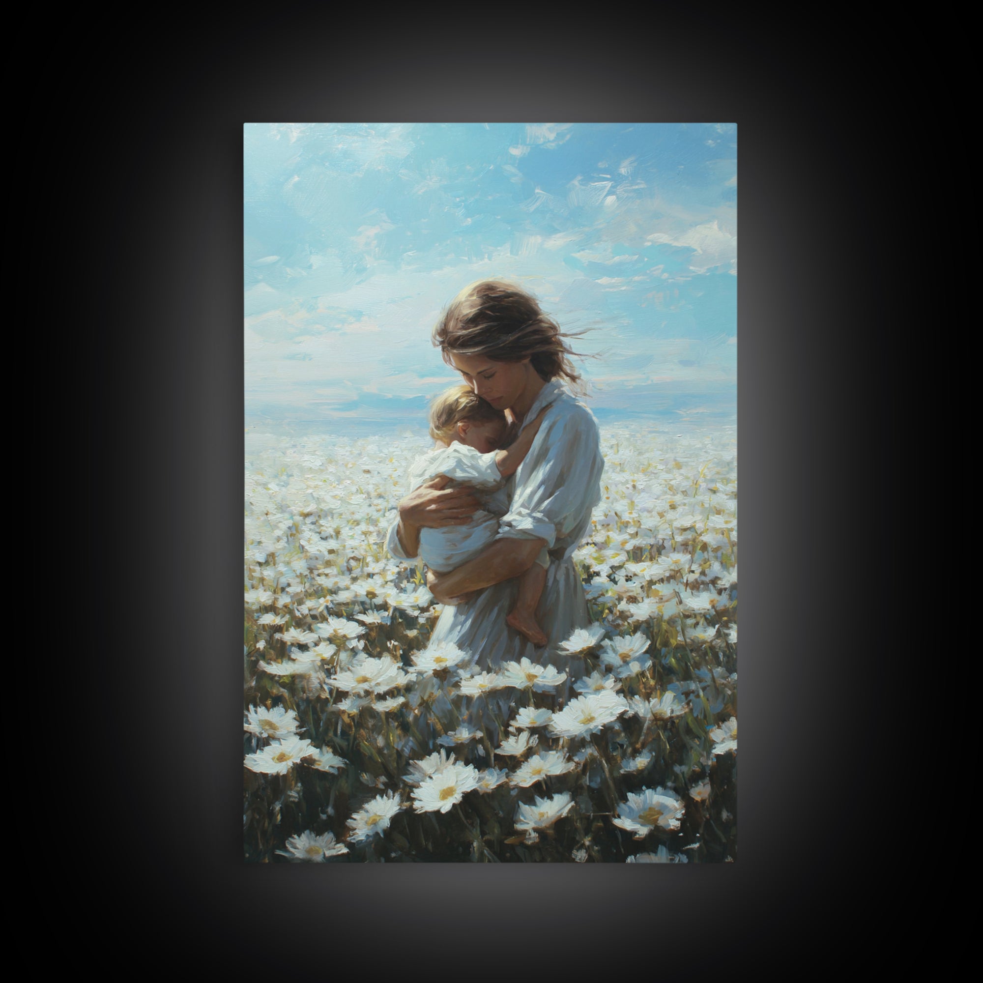 Mother Cradling Baby In Blue Sky Daisy Field Framed Canvas Print, Floral Wall Art, Nursery Decor, Mothers Day Gift, New Mom Gift