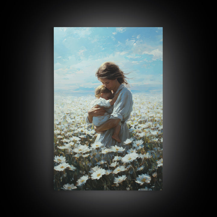 Mother Cradling Baby In Blue Sky Daisy Field Framed Canvas Print, Floral Wall Art, Nursery Decor, Mothers Day Gift, New Mom Gift