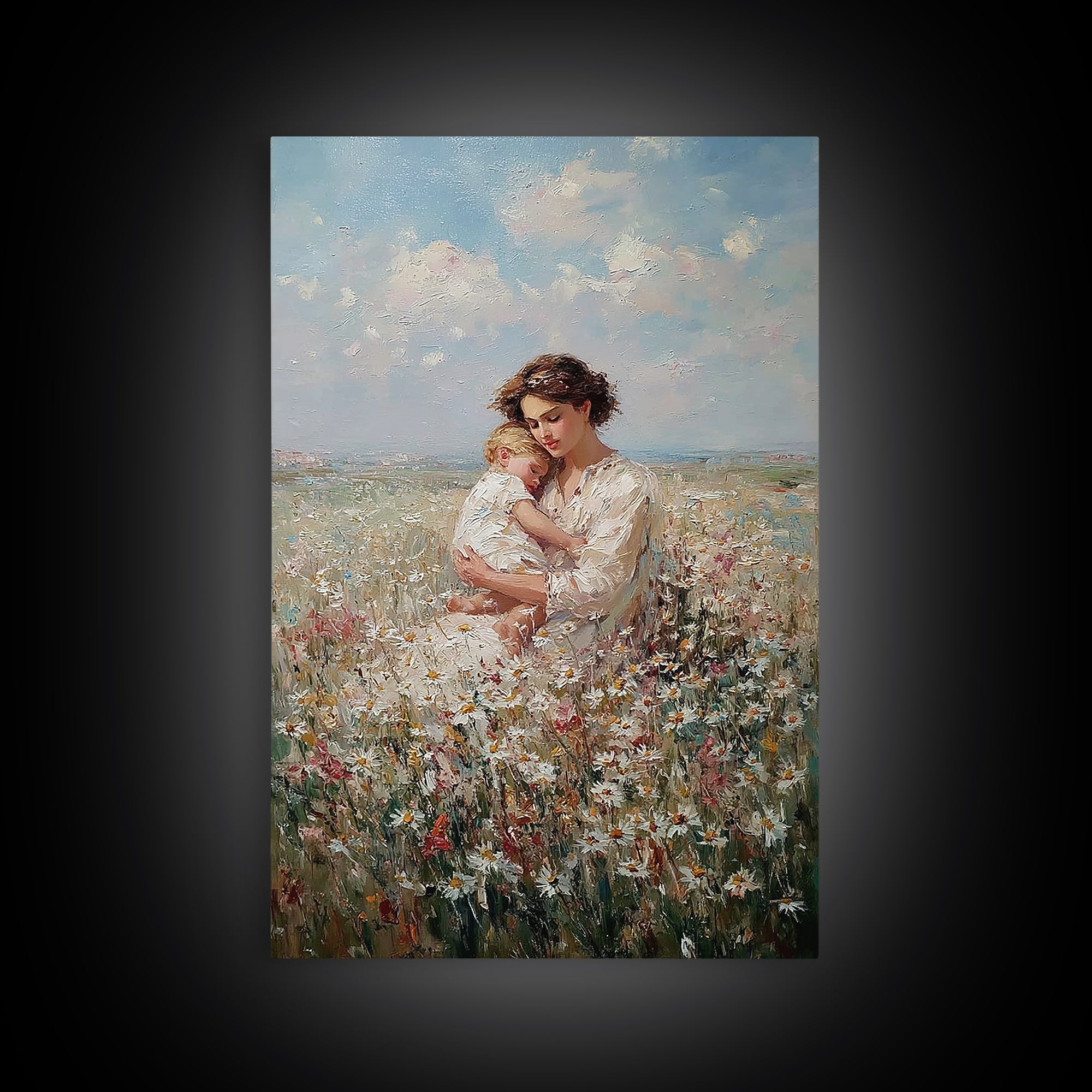 Romantic Mother And Baby In Wildflower Field Canvas Print, Floral Wall Art, Nursery Decor, Mothers Day Gift, New Mom Gift