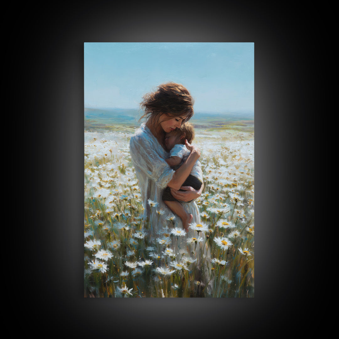Mother Nursing Baby In Daisy Meadow Wall Art, Feminine Floral Oil Painting Print, New Mom Gift, Nursery And Bedroom Decor