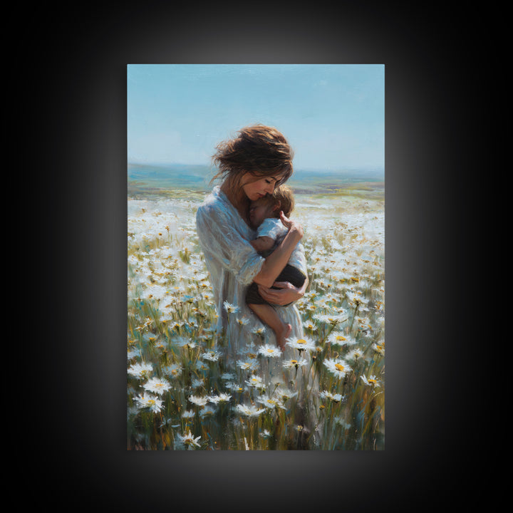 Mother Nursing Baby In Daisy Meadow Wall Art, Feminine Floral Oil Painting Print, New Mom Gift, Nursery And Bedroom Decor
