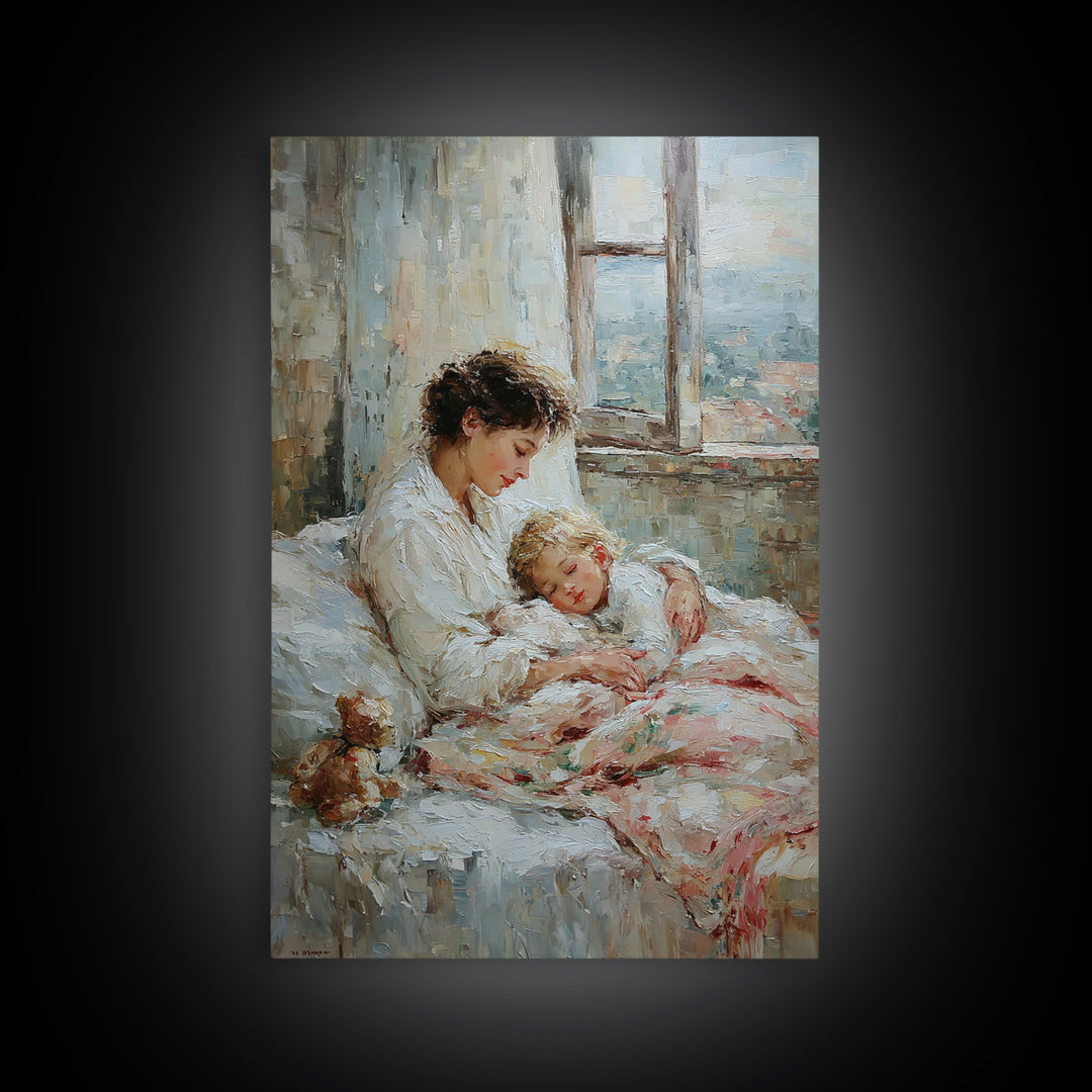 Mother And Sleeping Child By Window Framed Canvas Print, Cozy Bedroom Wall Art, New Mom Gift, Nursery Room Decor, Soft Neutral Home Decor