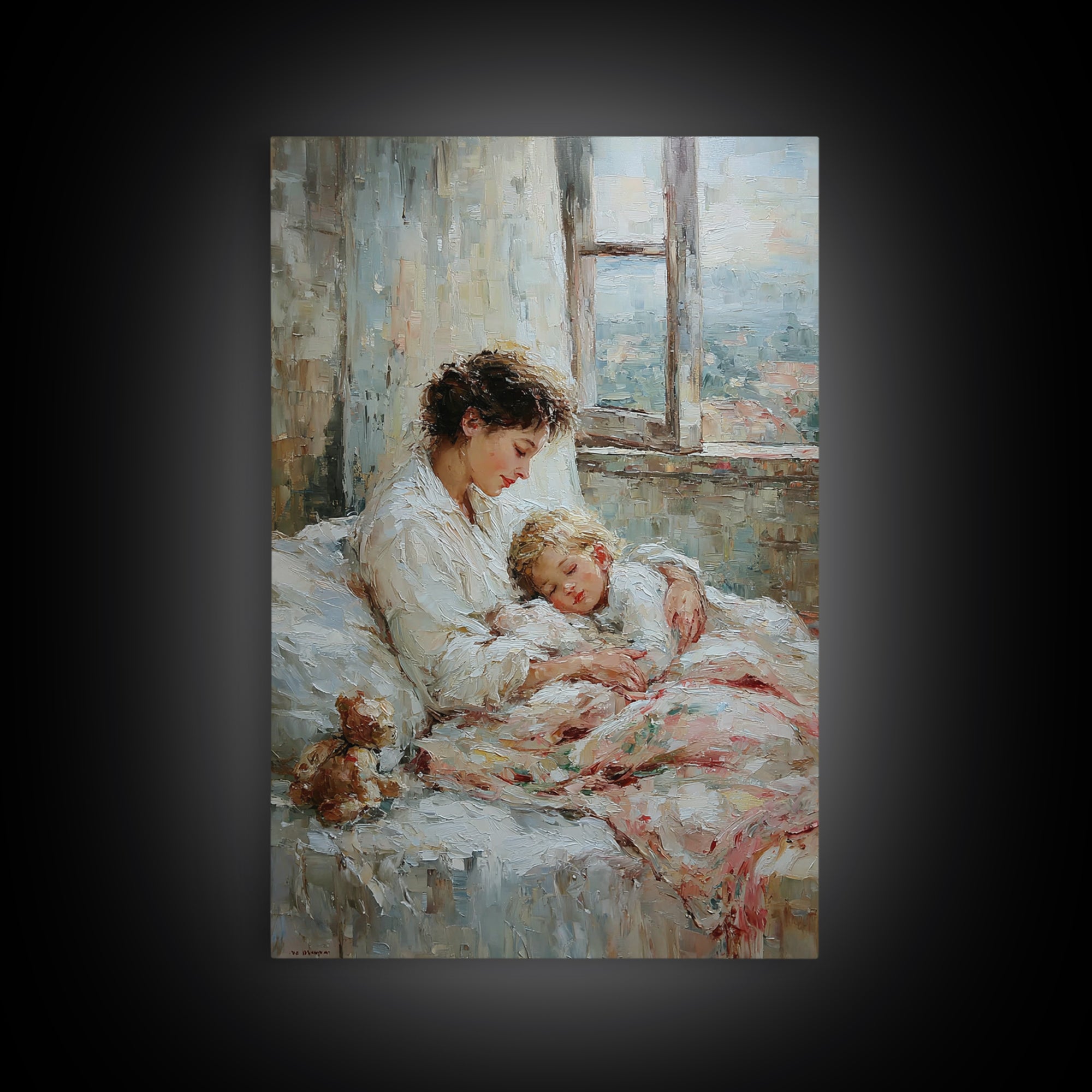 Mother And Sleeping Child By Window Framed Canvas Print, Cozy Bedroom Wall Art, New Mom Gift, Nursery Room Decor, Soft Neutral Home Decor