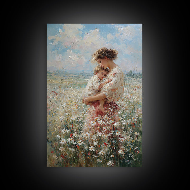 Mother Holding Child In Wildflower Meadow Wall Art, Impressionist Floral Oil Painting, New Mom Gift, Nursery Bedroom Decor