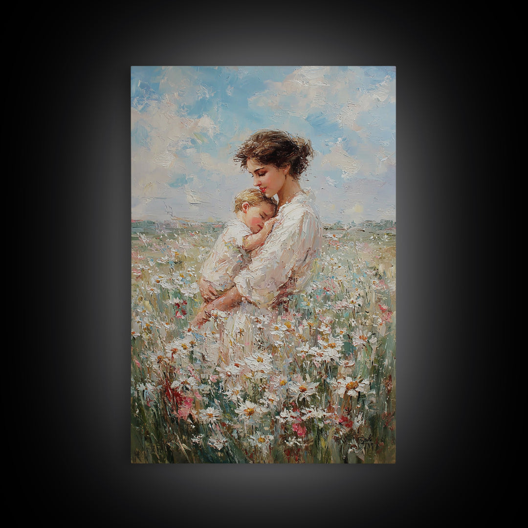 Mother Cradling Baby In Daisy Field Canvas Print, Soft Floral Wall Art, Feminine Nursery Decor, Gift For New Mom, Bedroom Wall Decor