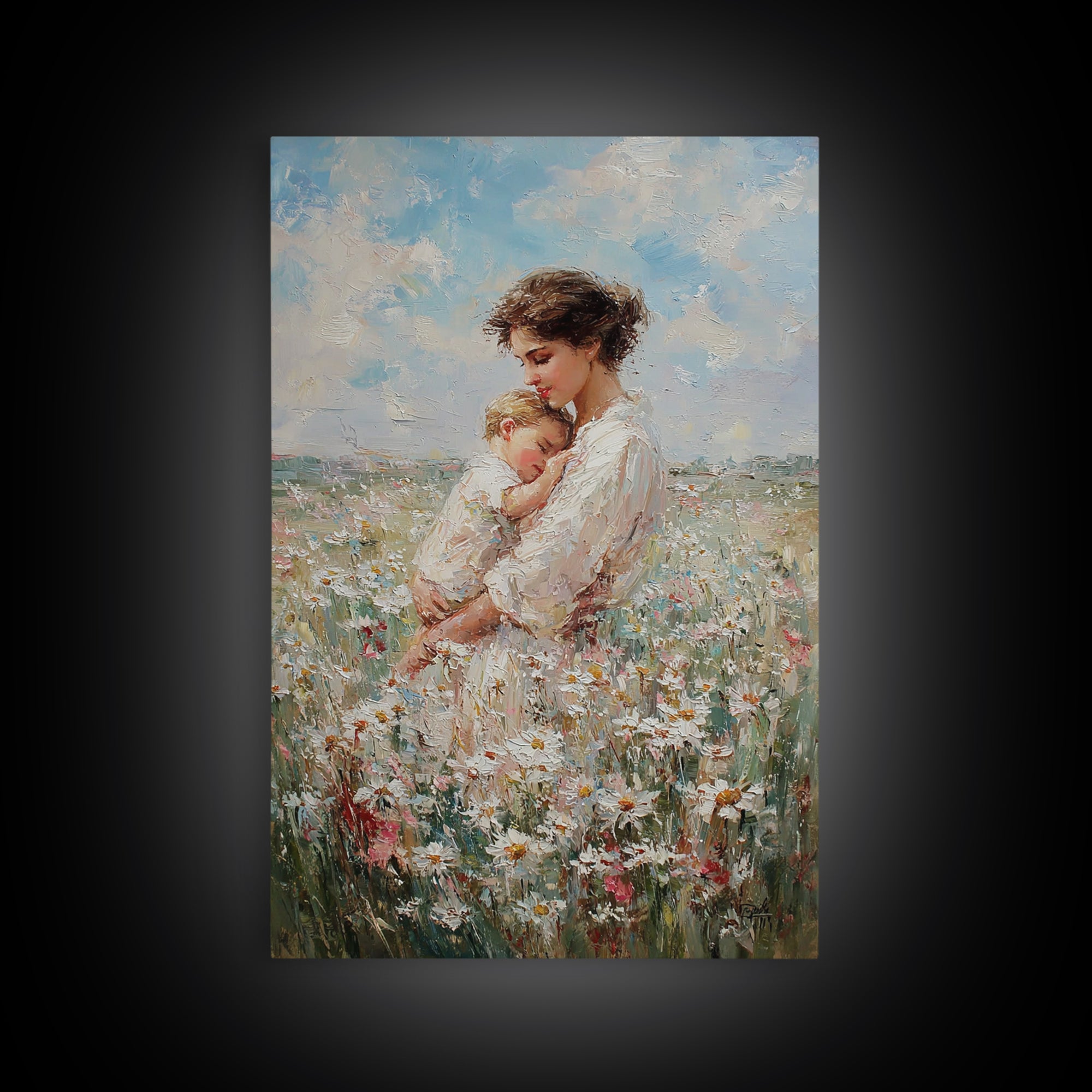 Mother Cradling Baby In Daisy Field Canvas Print, Soft Floral Wall Art, Feminine Nursery Decor, Gift For New Mom, Bedroom Wall Decor