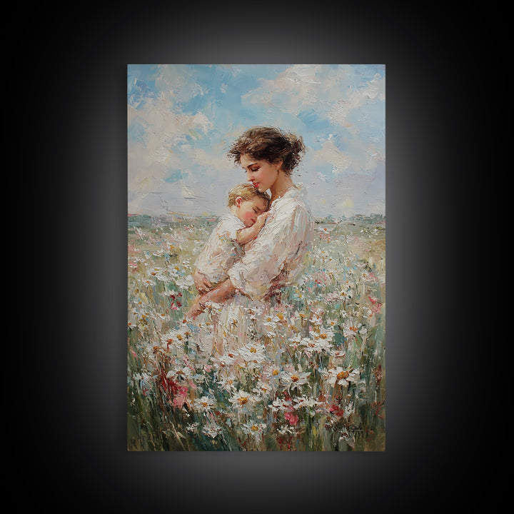 Mother Cradling Baby In Daisy Field Canvas Print, Soft Floral Wall Art, Feminine Nursery Decor, Gift For New Mom, Bedroom Wall Decor