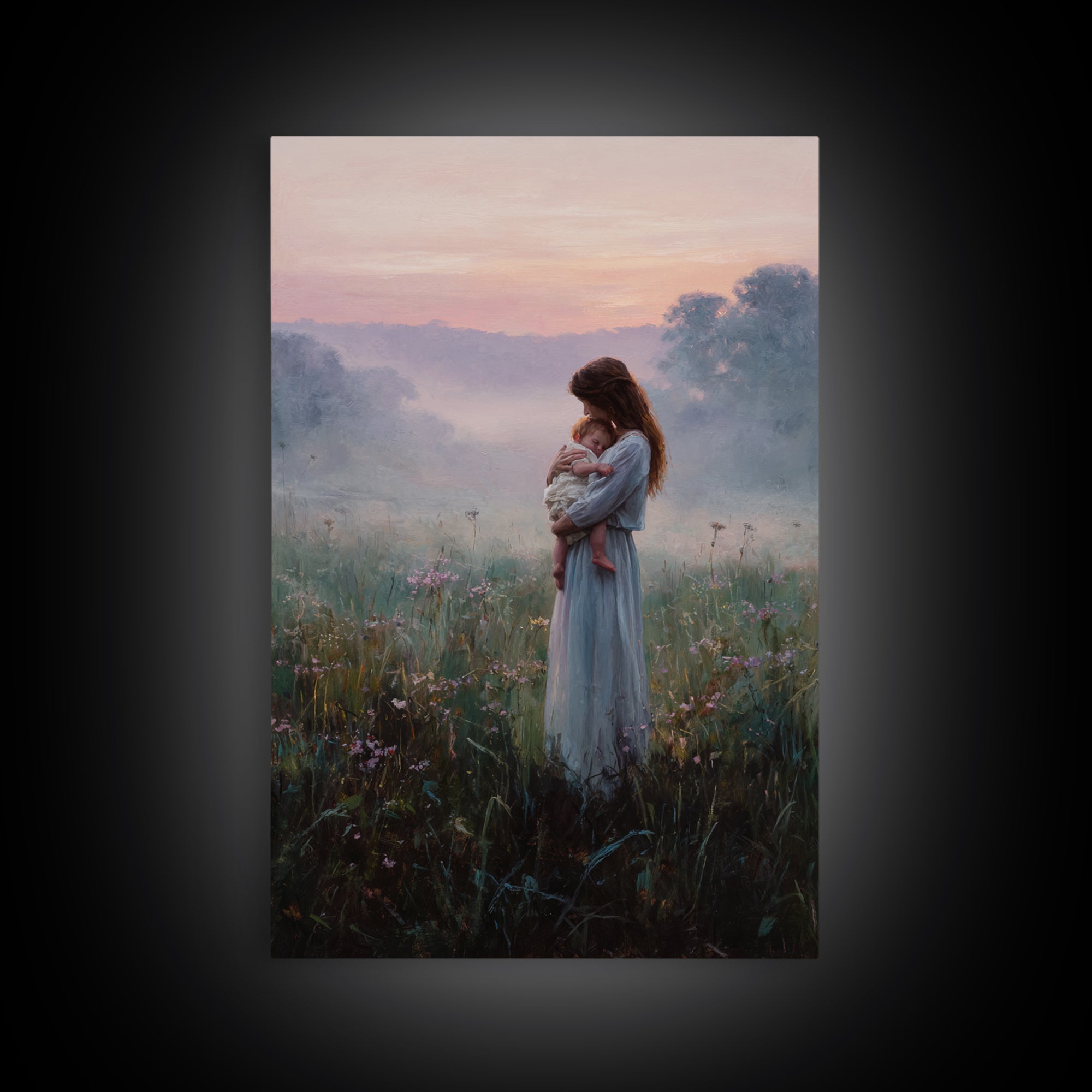 Mother And Baby In Misty Sunrise Meadow Wall Art, Romantic Landscape Oil Painting, New Mom Gift, Feminine Bedroom And Nursery Decor