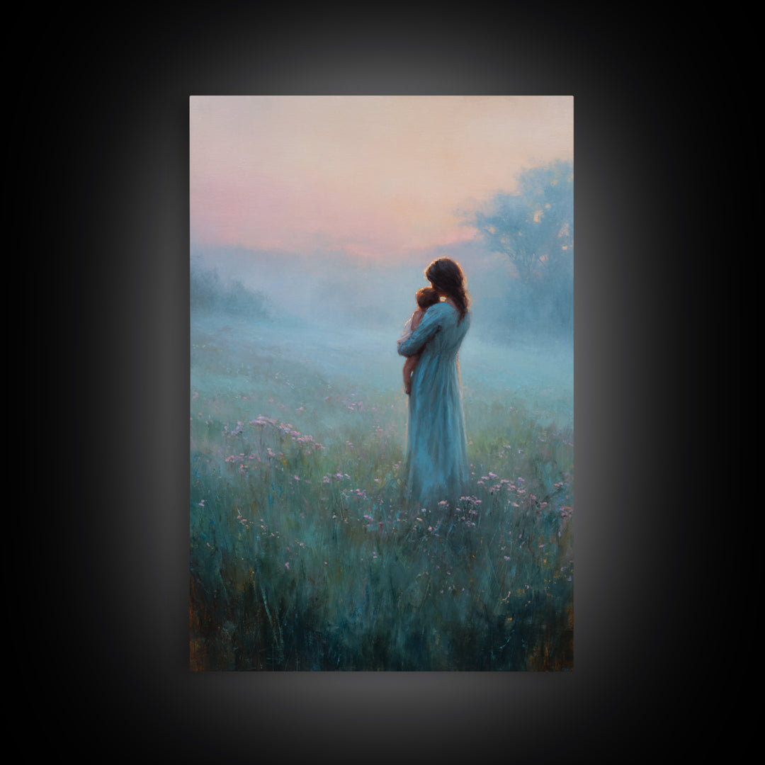 Mother Holding Baby In Foggy Pastel Meadow Canvas Print, Calming Landscape Wall Art, New Mom Gift, Nursery Decor, Soft Bedroom Wall Decor