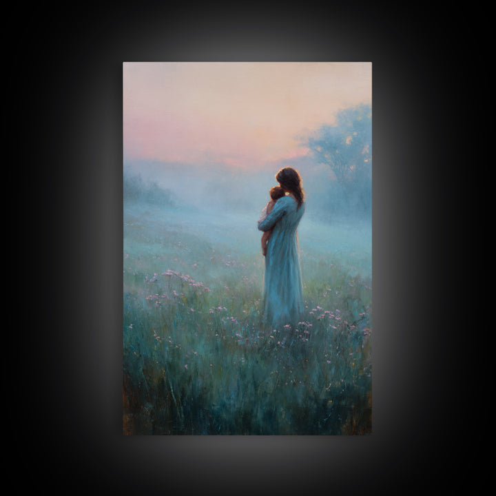Mother Holding Baby In Foggy Pastel Meadow Canvas Print, Calming Landscape Wall Art, New Mom Gift, Nursery Decor, Soft Bedroom Wall Decor