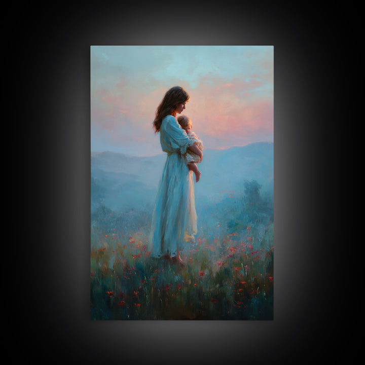 Mother And Baby At Blue Pink Sunset Wall Art, Dreamy Mountain Landscape Oil Painting, New Mom Gift, Feminine Nursery Decor