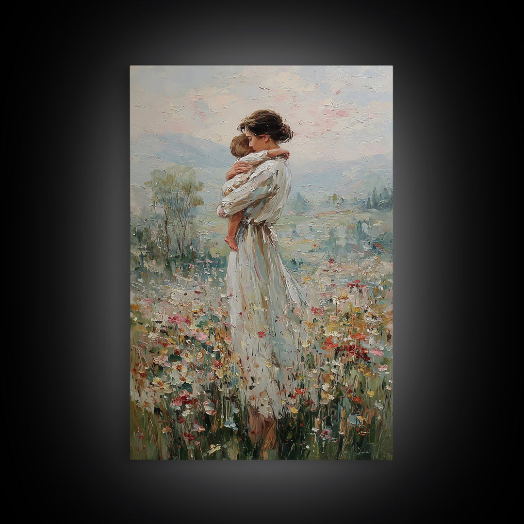 Mother Hugging Child In Mountain Wildflowers Canvas Print, Impressionist Landscape Wall Art, New Mom Gift, Nursery Decor