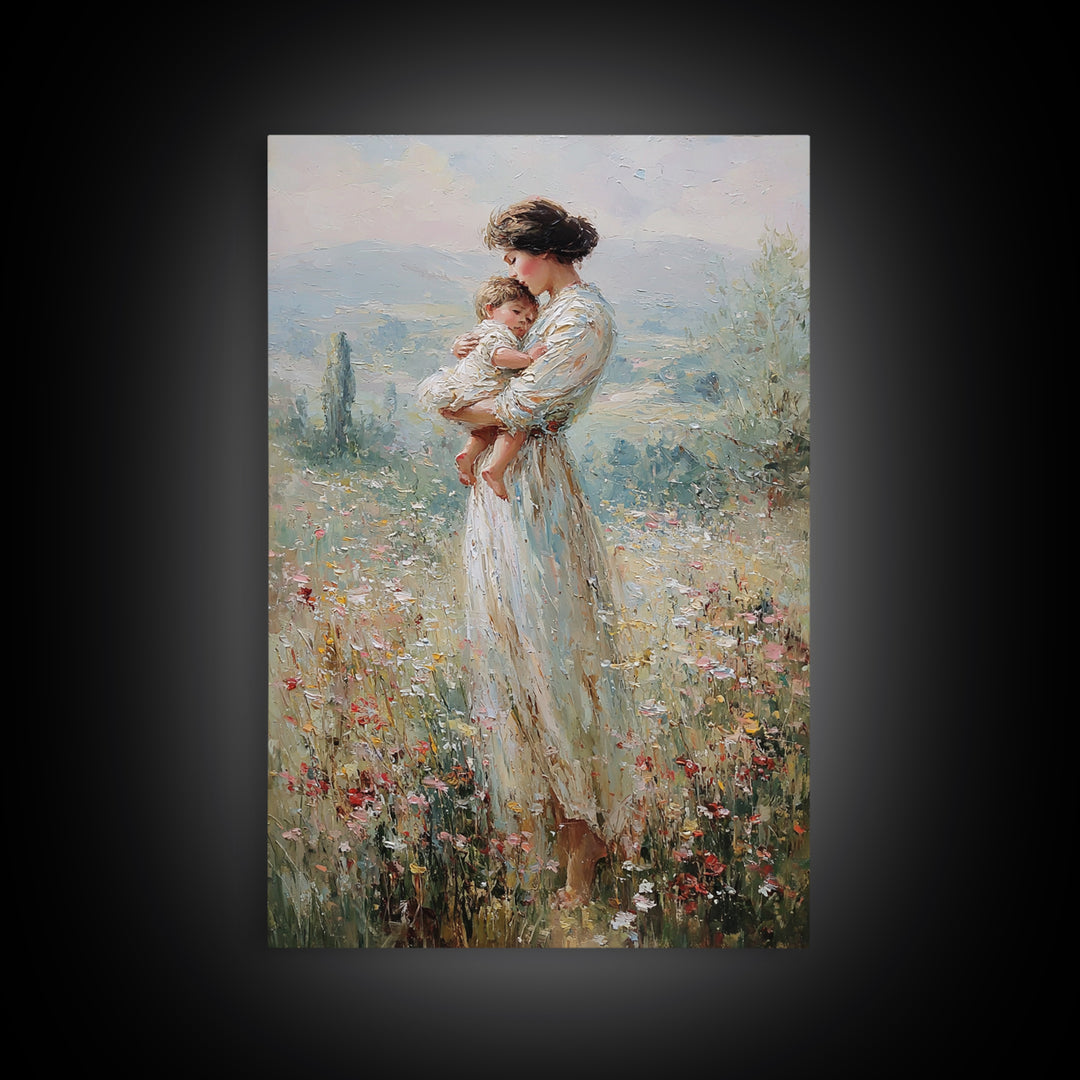 Mother Holding Baby In Wildflower Meadow Wall Art, Impressionist Motherhood Painting, Nursery Decor, Gift For Mom, Living Room Decor