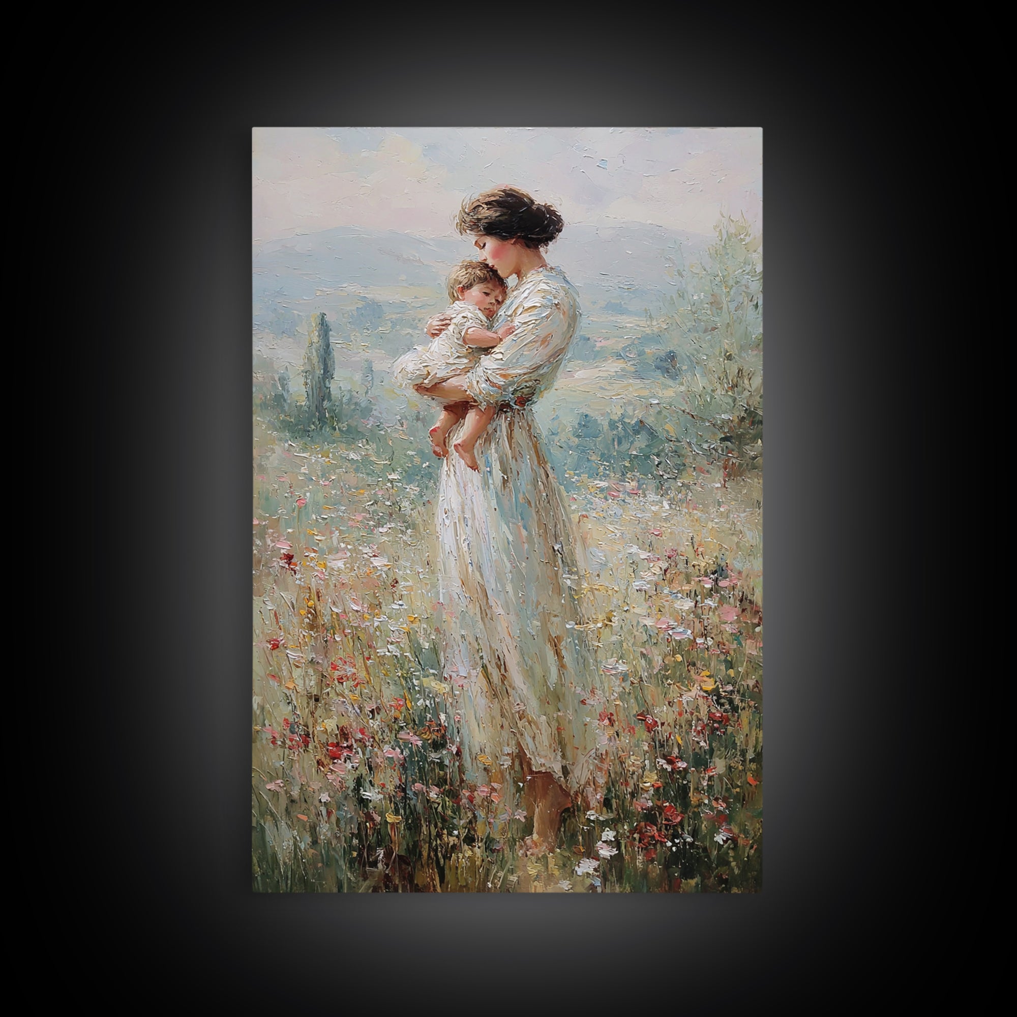 Mother Holding Baby In Wildflower Meadow Wall Art, Impressionist Motherhood Painting, Nursery Decor, Gift For Mom, Living Room Decor