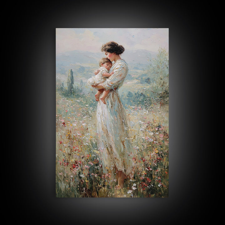 Mother Holding Baby In Wildflower Meadow Wall Art, Impressionist Motherhood Painting, Nursery Decor, Gift For Mom, Living Room Decor