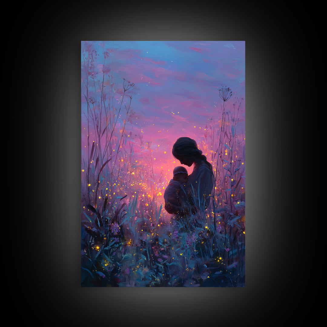 Twilight Mother And Baby In Firefly Meadow Canvas Print, Celestial Nursery Wall Art, Fantasy Decor, Gift For Mom, Bedroom Decor