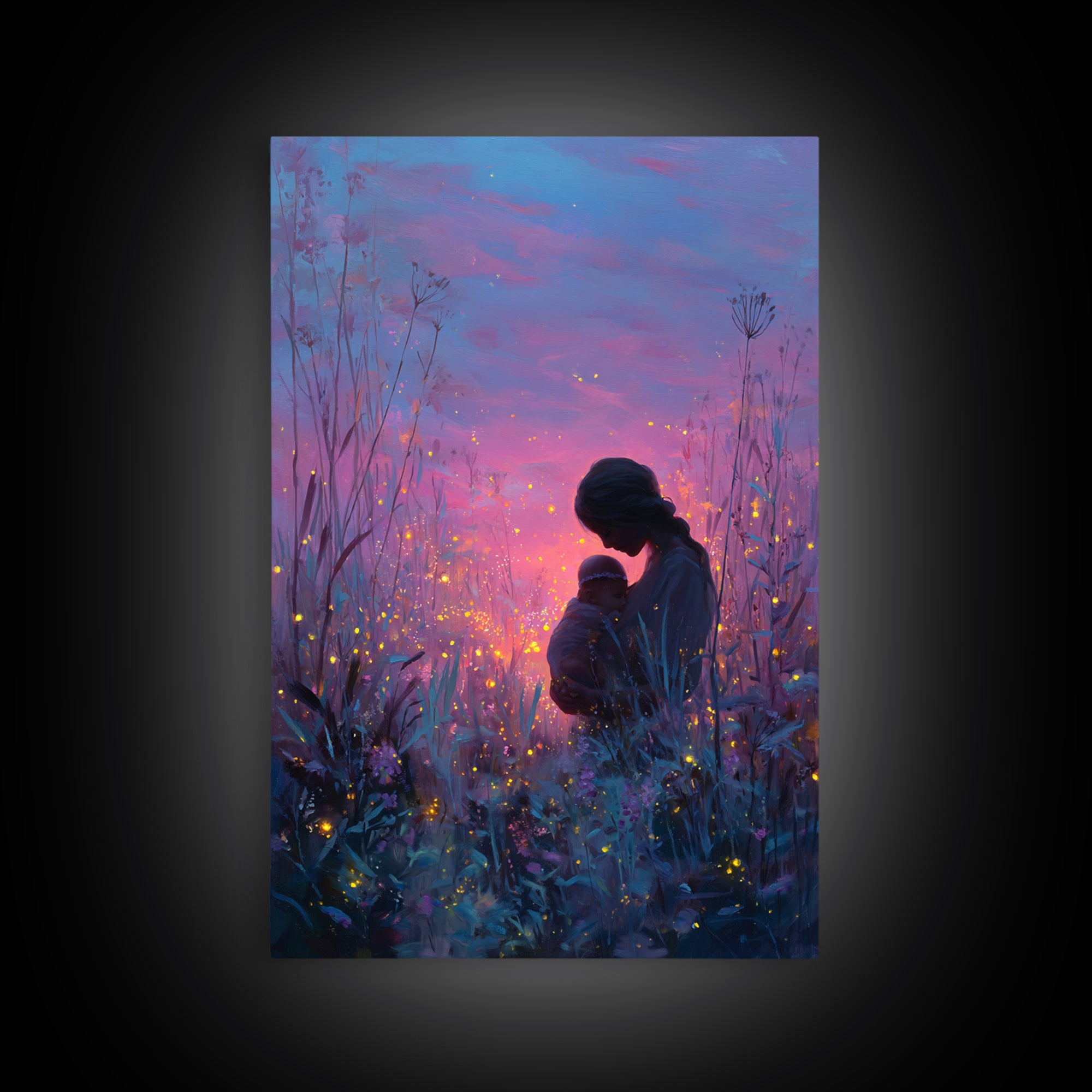 Twilight Mother And Baby In Firefly Meadow Canvas Print, Celestial Nursery Wall Art, Fantasy Decor, Gift For Mom, Bedroom Decor