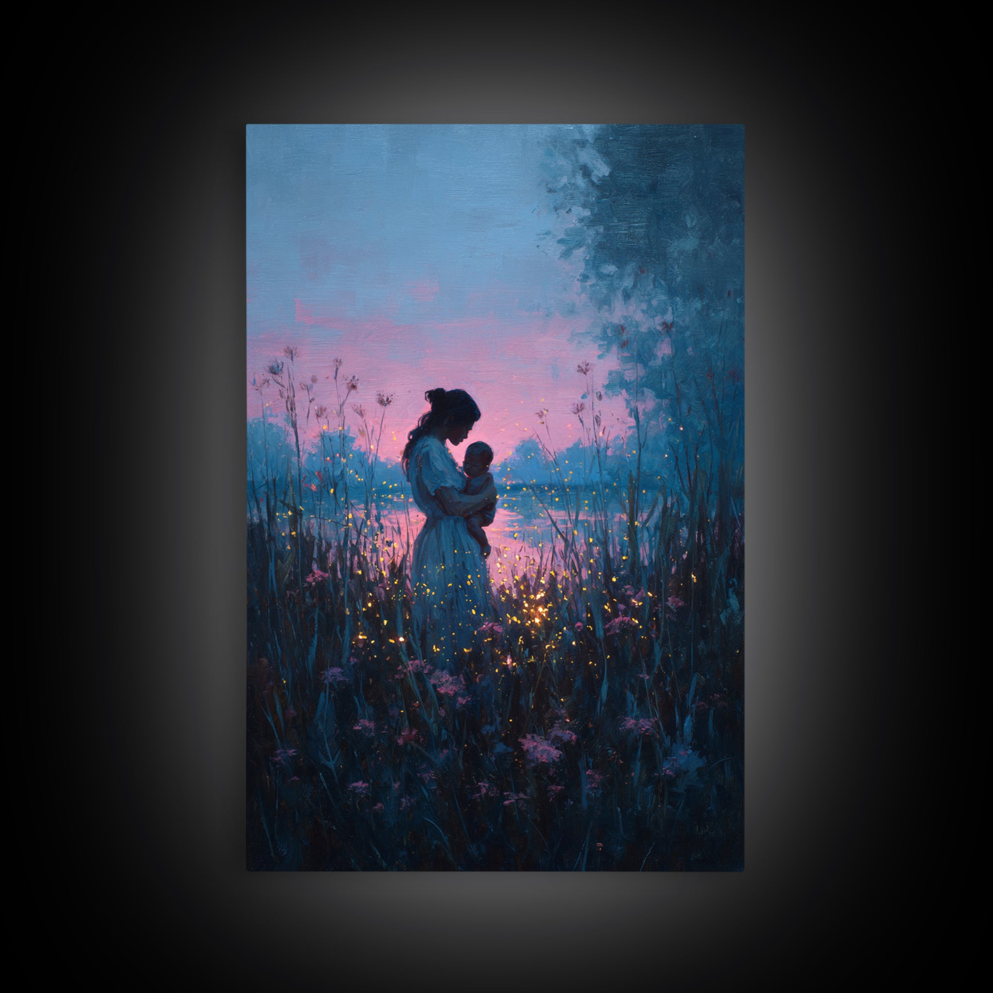 Blue Dusk Mother And Child By Lake Wall Art, Firefly Meadow Painting, Celestial Nursery Decor, Spiritual Gift For Mom, Art Print