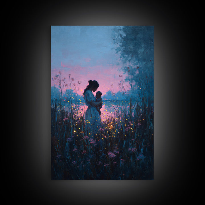 Blue Dusk Mother And Child By Lake Wall Art, Firefly Meadow Painting, Celestial Nursery Decor, Spiritual Gift For Mom, Art Print