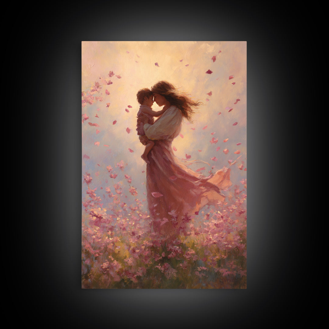 Mother Kissing Baby In Pink Blossom Field Framed Canvas Print, Romantic Wall Art, Nursery Decor, Gift For Her And Mom, Bedroom Decor