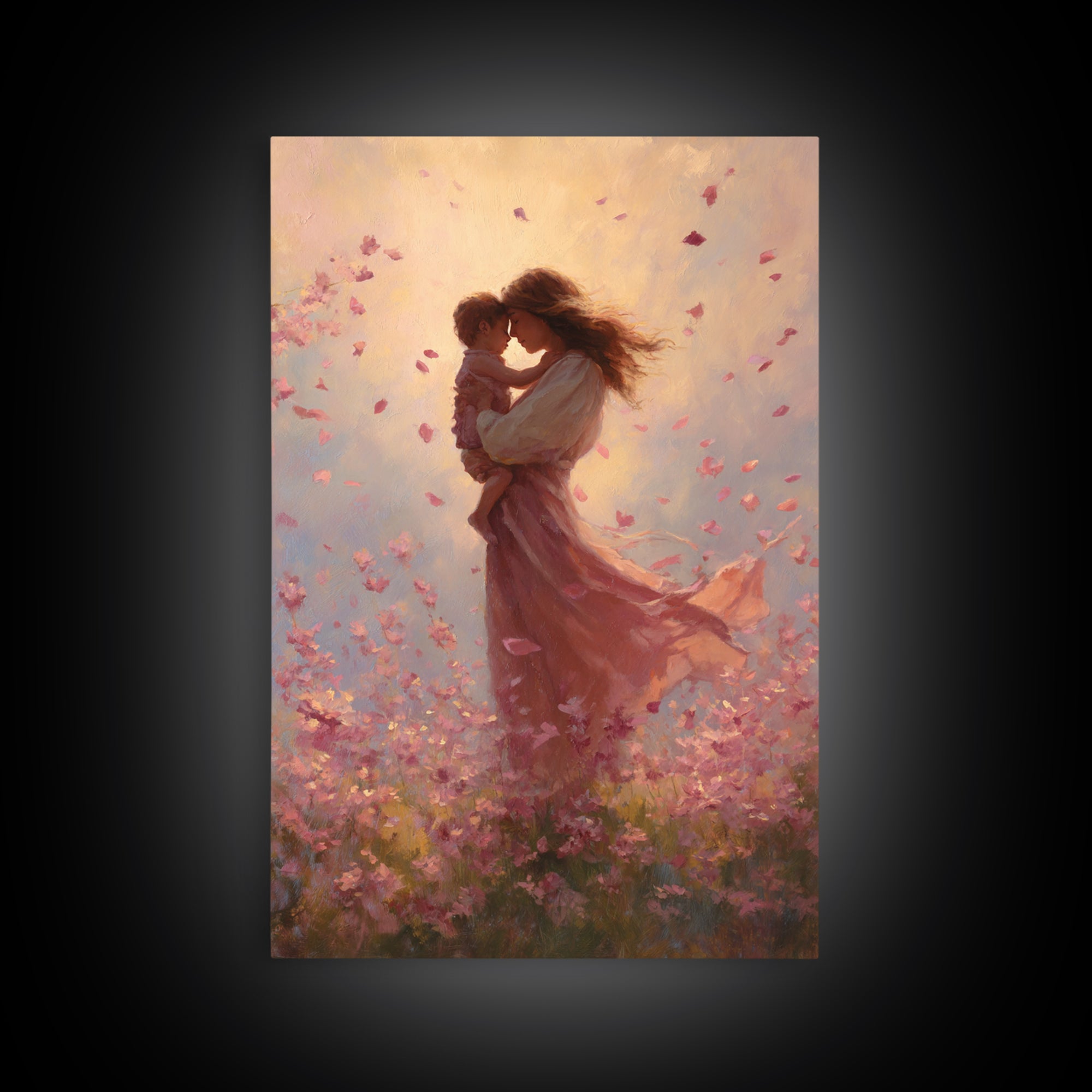 Mother Kissing Baby In Pink Blossom Field Framed Canvas Print, Romantic Wall Art, Nursery Decor, Gift For Her And Mom, Bedroom Decor