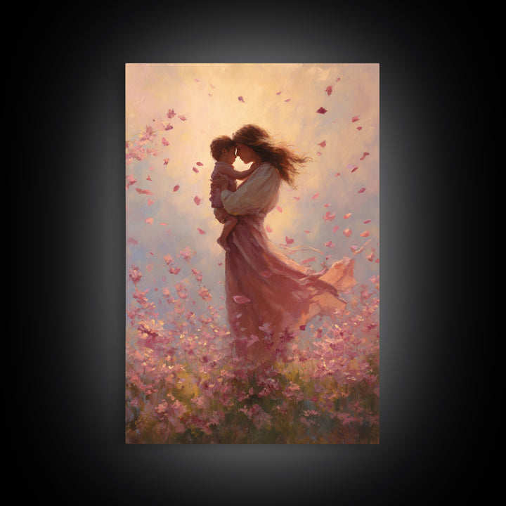 Mother Kissing Baby In Pink Blossom Field Framed Canvas Print, Romantic Wall Art, Nursery Decor, Gift For Her And Mom, Bedroom Decor