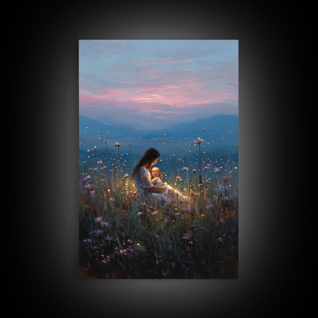 Glowing Mother And Baby In Mountain Meadow Canvas Print, Serene Landscape Wall Art, Nursery Decor, Spiritual Gift For Mom
