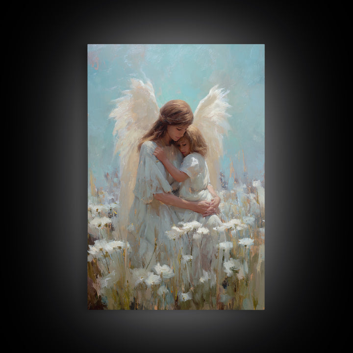 Guardian Angel Hugging Child In White Flower Field Wall Art, Spiritual Canvas Print, Christian Nursery Decor, Gift For Mom