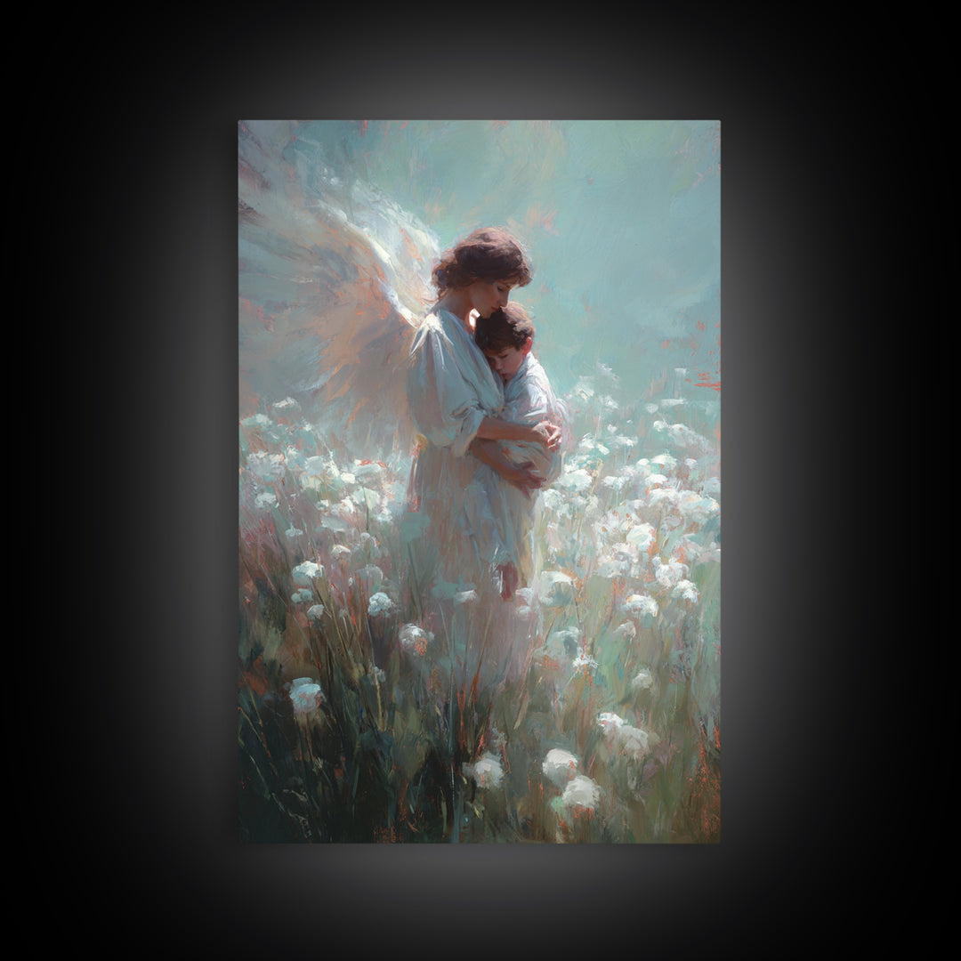Angel Mother Holding Child In Soft White Meadow Framed Canvas Print, Spiritual Wall Art, Christian Nursery Decor, Gift For Mom