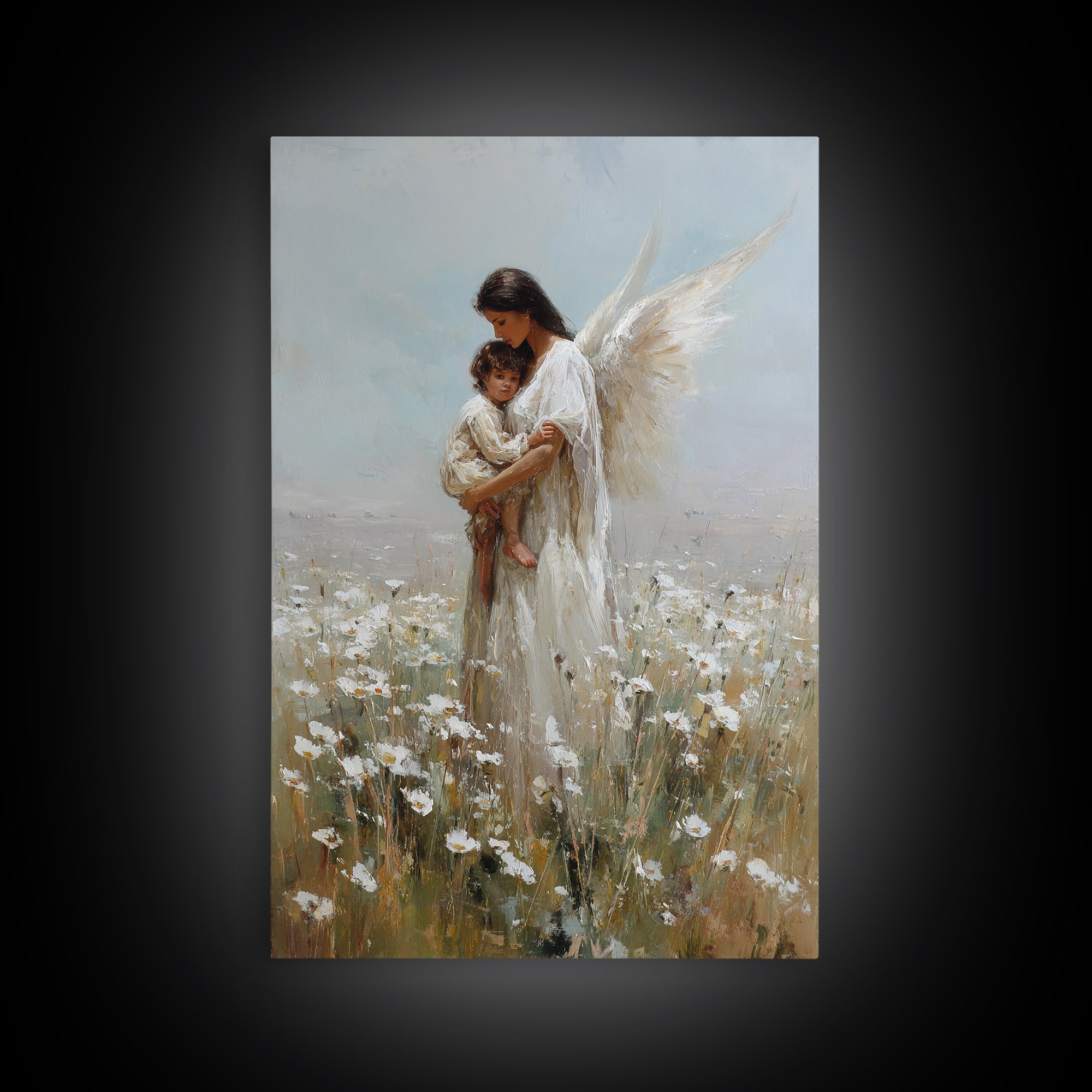 Dark Haired Guardian Angel With Child In Daisy Field Wall Art, Religious Canvas Print, Christian Nursery Decor, Gift For Mom