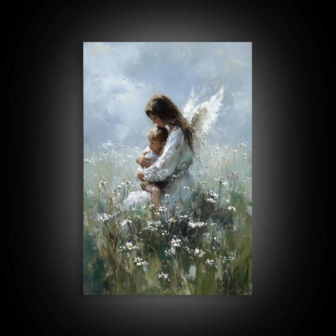 Angel Embracing Child In Wild Daisy Meadow Canvas Print, Soft Spiritual Wall Art, Christian Nursery Decor, Gift For Mom, Bedroom Decor